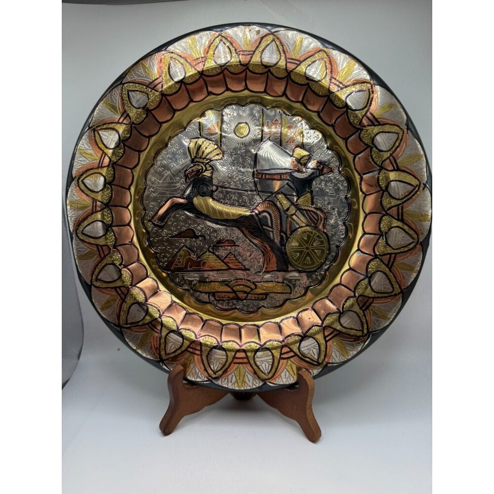Vintage Egyptian Brass Wall Decor Plate King Ramses on a Chariot 11.5"